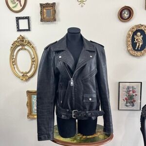 Vintage Outdoor Exchange Black Leather Moto Jacket Made in Korea Unisex Size 42